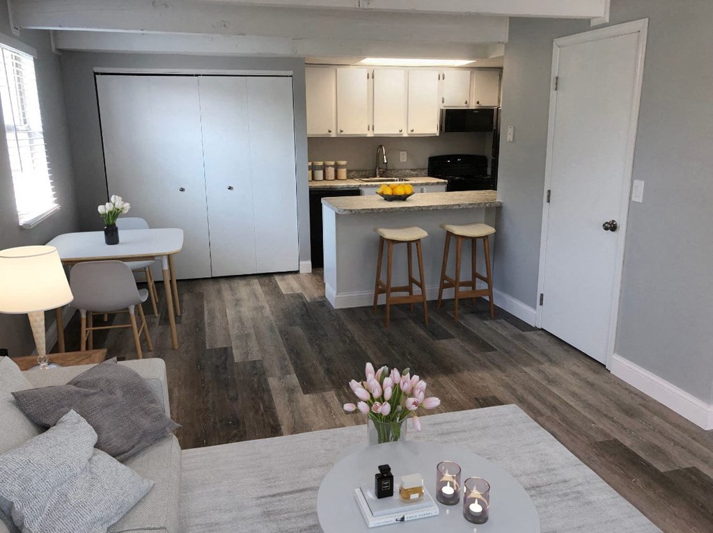 a living room and kitchen with a table and chairs