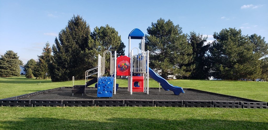 a playground in a park with a blue slide