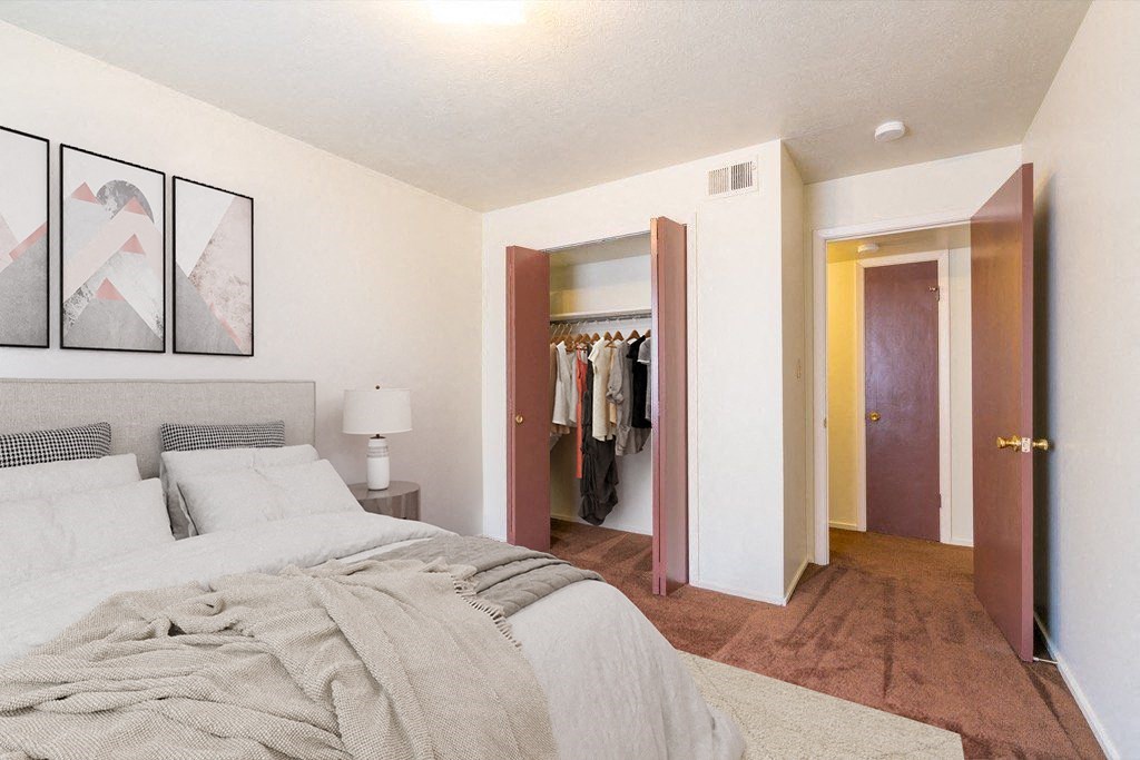 a bedroom with a bed and a closet