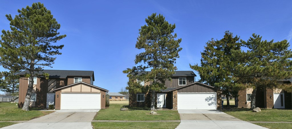 a group of houses in a neighborhood with trees