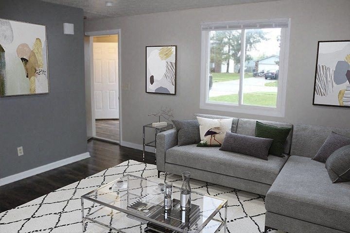a living room with a couch and a coffee table