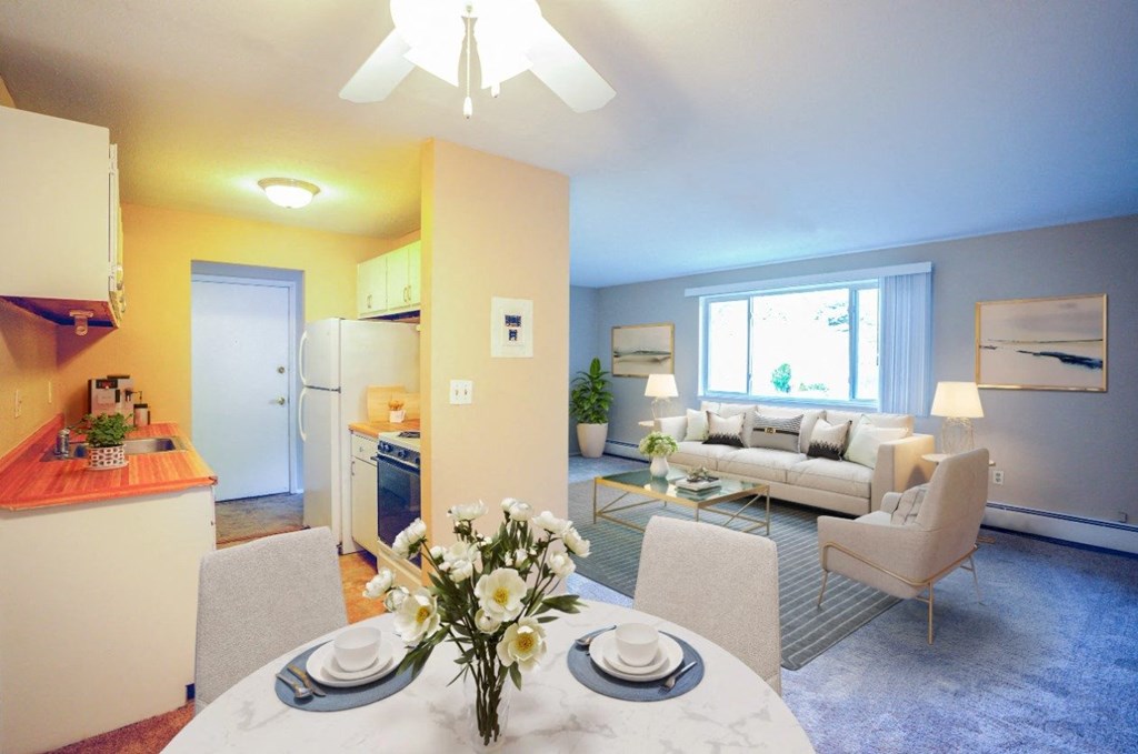 a living room with a couch and a table