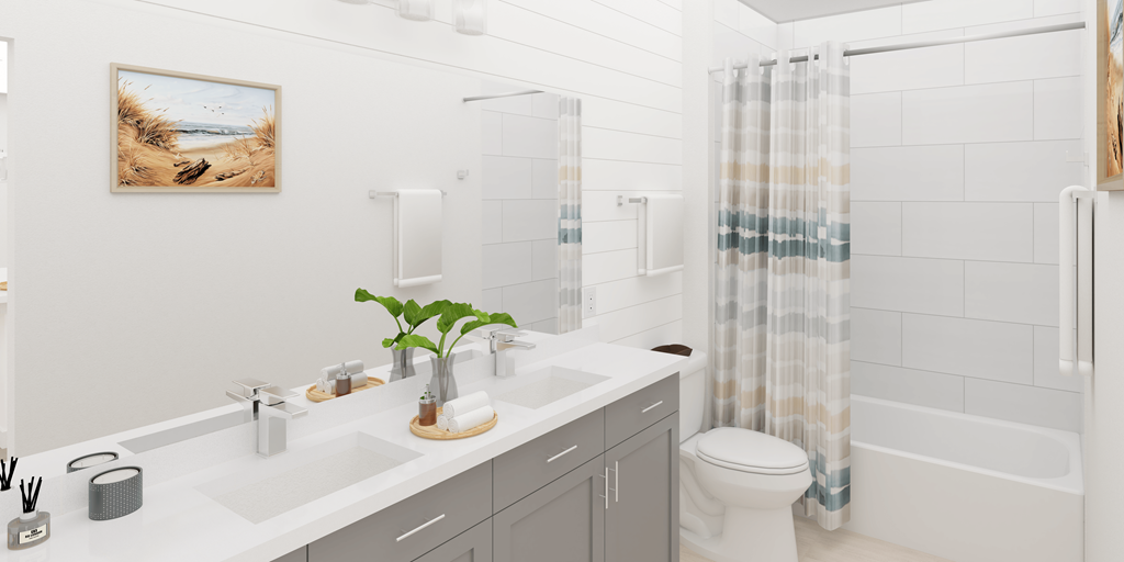 A bathroom with a white sink, toilet, and shower.