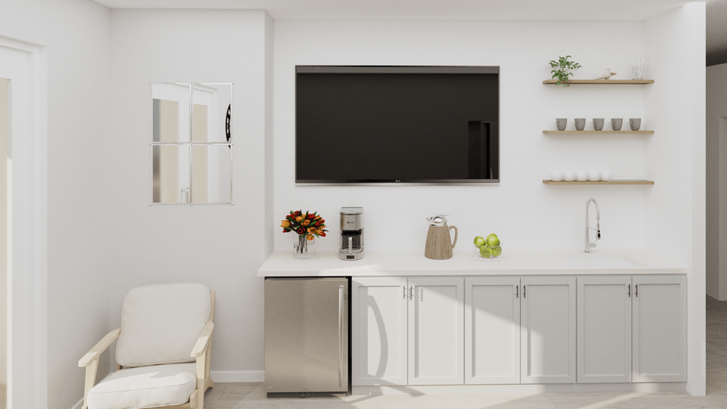 A white chair sits in front of a fridge and a television.