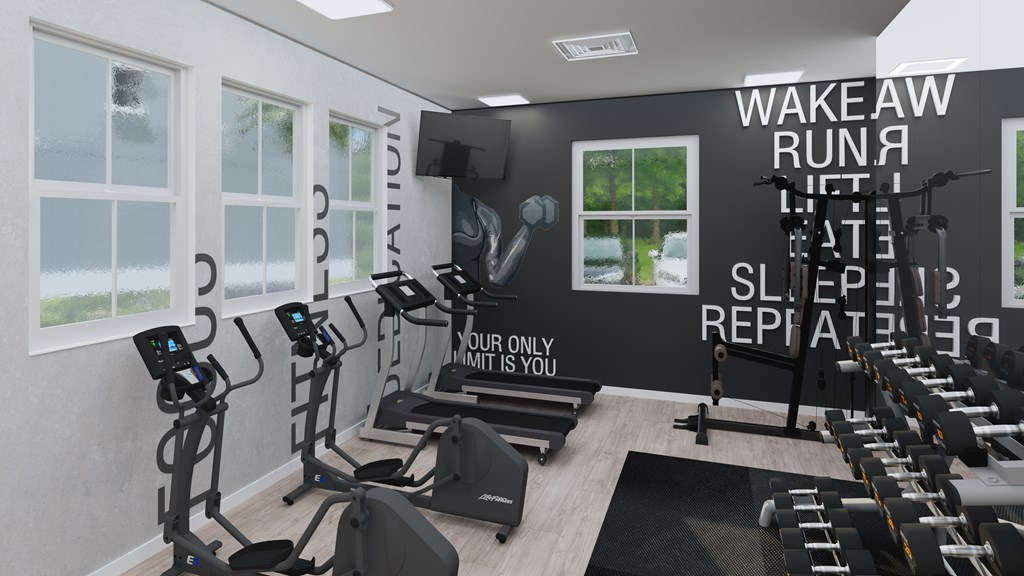 A gym with treadmills and elliptical machines.