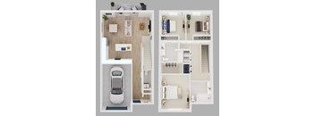 A floor plan of a house with a car parked in the garage.