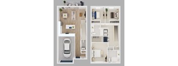 A floor plan of a two-bedroom apartment with a kitchen, living room, and bathroom.
