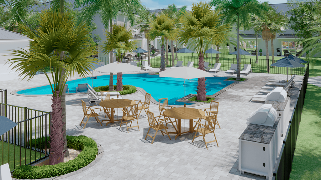 A pool surrounded by palm trees and chairs.