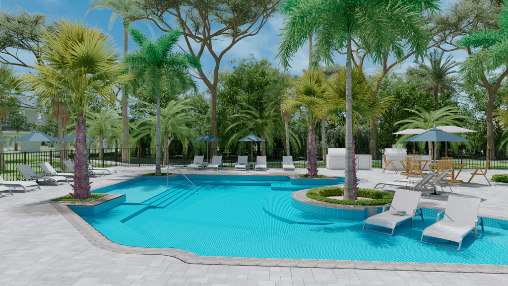 A pool surrounded by palm trees and lounge chairs.