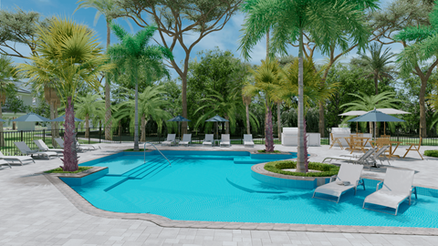 A pool surrounded by palm trees and lounge chairs.