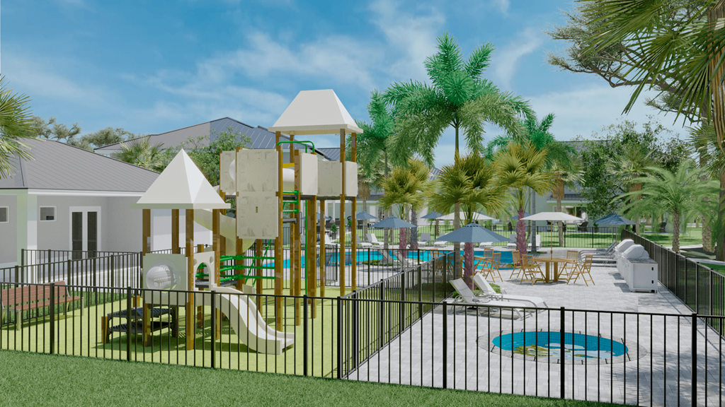 A playground with a slide, swings, and a climbing structure.