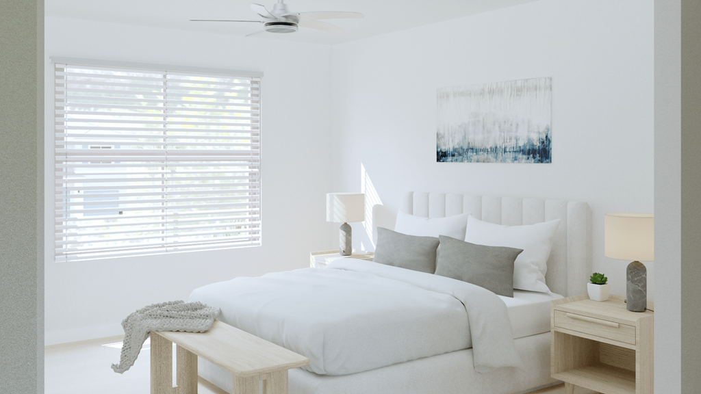 A white bedroom with a bed, nightstand, and a painting on the wall.
