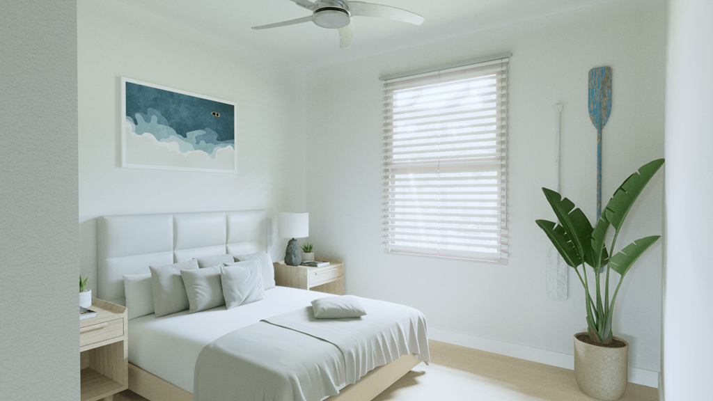 A bedroom with a bed, a ceiling fan, a nightstand with a lamp, a potted plant, and a painting on the wall.