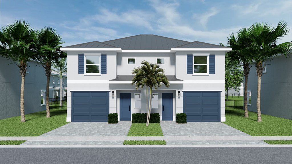 A modern two-story house with a garage and palm trees in front.