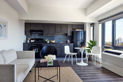 A modern living room with a grey sofa, a black coffee table, and a black kitchen area.