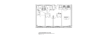 A floor plan of apartment D2 shows a layout with a living room, kitchen, and two bedrooms.