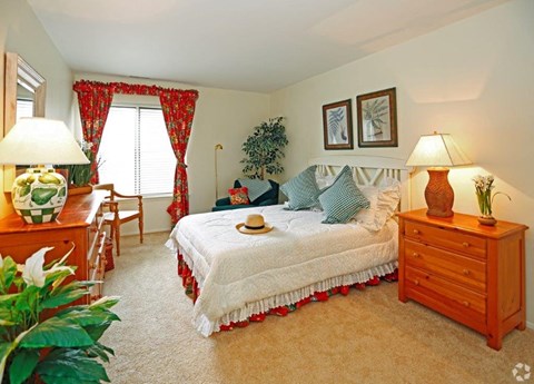 a bedroom with a bed and a dresser and a window