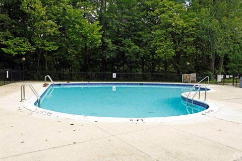 a swimming pool with trees in the background