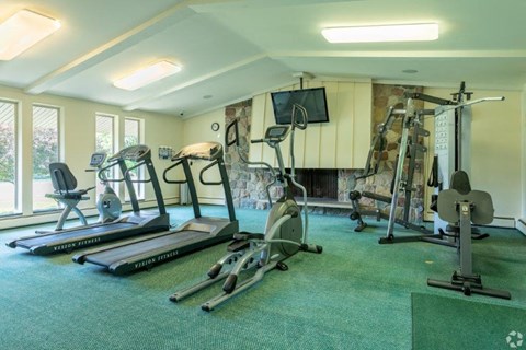 a home gym with exercise equipment and a fireplace
