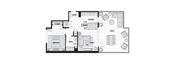 a floor plan of a bedroom apartment with furniture and a closet