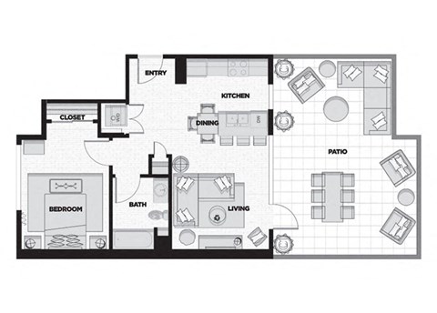 a floor plan of a bedroom apartment with furniture and a closet