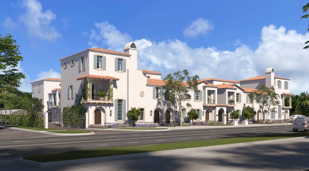 a rendering of a large house on a street with cars