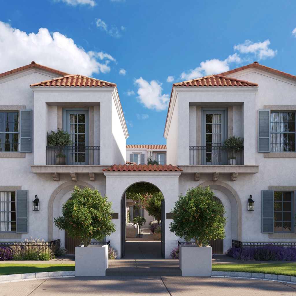 a rendering of a white house with an archway and a courtyard