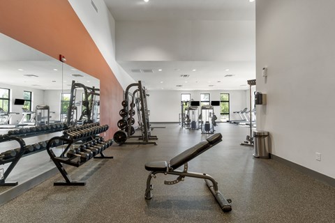 A gym with a variety of equipment including a bench press.