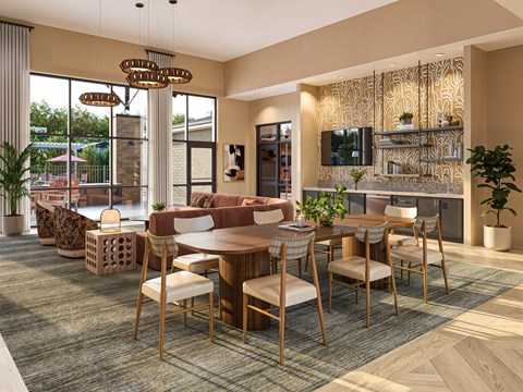 A modern dining room with a wooden table and chairs.
