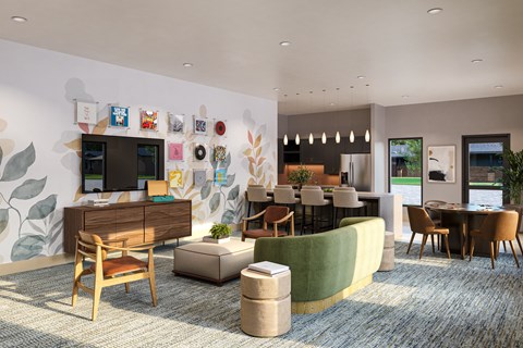 A modern office space with a variety of seating options and a wall mural.