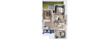 A floor plan of a house with a living room, kitchen, dining room, and two bedrooms.