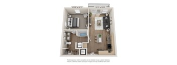 A floor plan of a small apartment with a kitchen, living room, and bathroom.