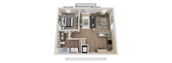 A floor plan of a small apartment with a kitchen, living room, and bathroom.