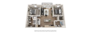 A 3D floor plan of a house with a kitchen, living room, and two bedrooms.