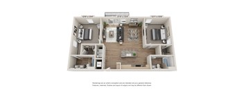 A floor plan of a two-bedroom apartment with a living room, kitchen, and bathroom.