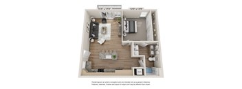 A floor plan of a two-bedroom apartment with a living room, kitchen, and bathroom.