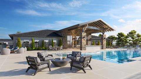 A modern house with a pool and outdoor furniture.