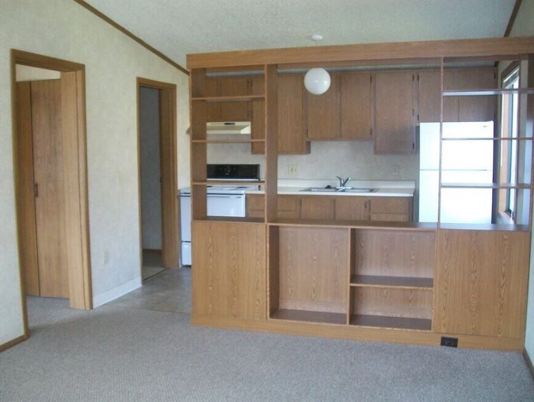 A kitchen with wooden cabinets and a countertop.