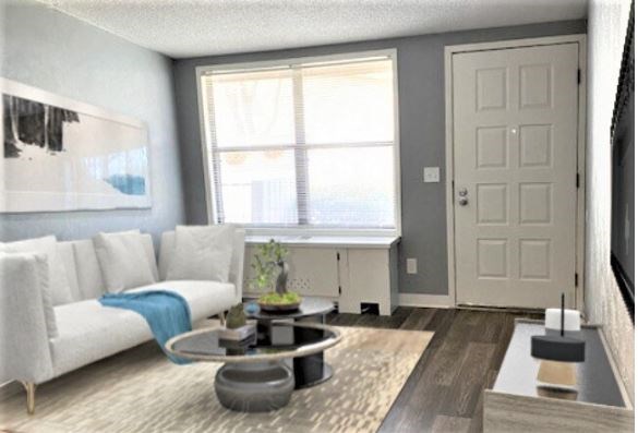 A living room with a white couch and a grey rug.