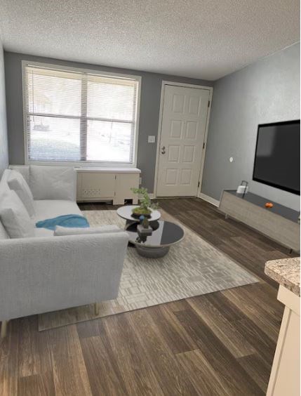 A living room with a white couch and a grey wall.