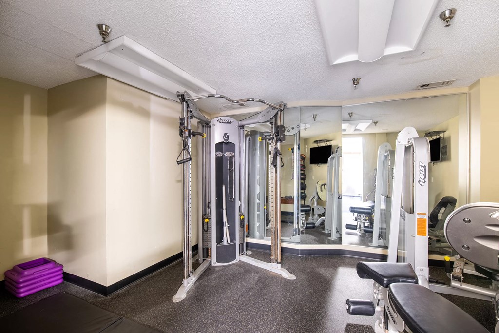 a fitness room with a treadmill and other exercise equipment