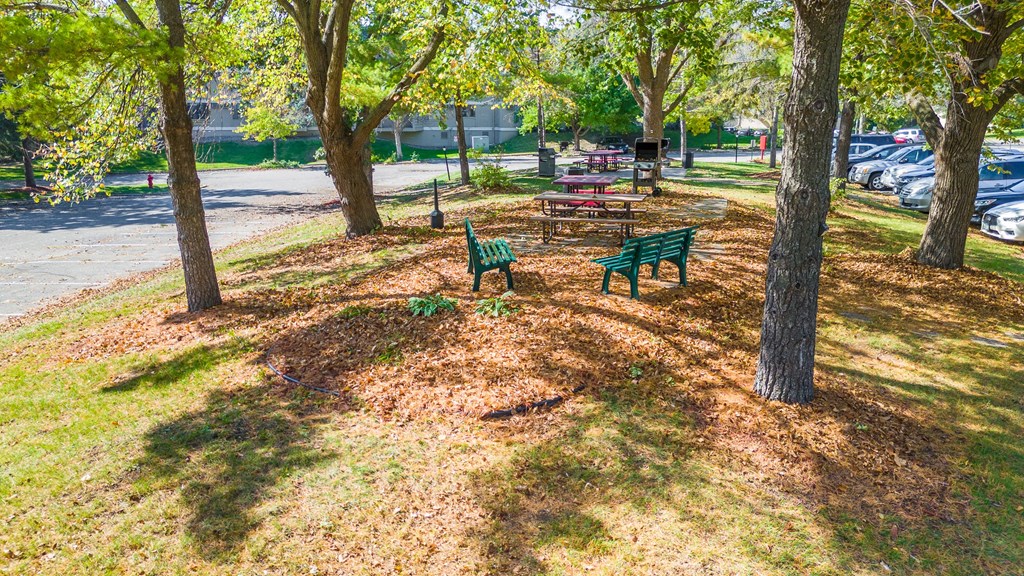a park with benches and trees and a parking lot
