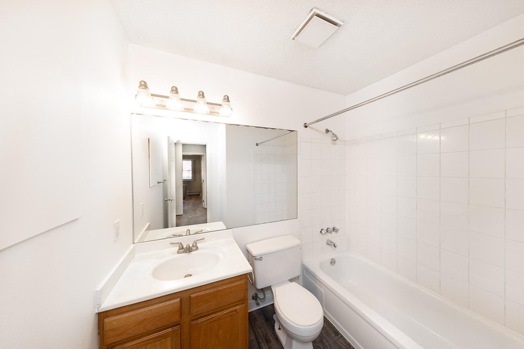 a bathroom with a sink toilet and tub and a mirror