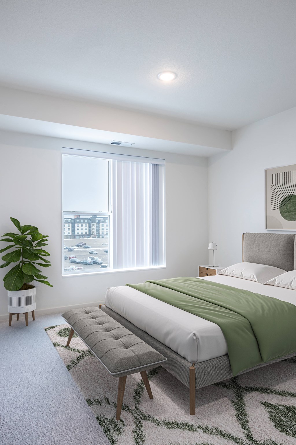 a bedroom with a bed and a chair and a window