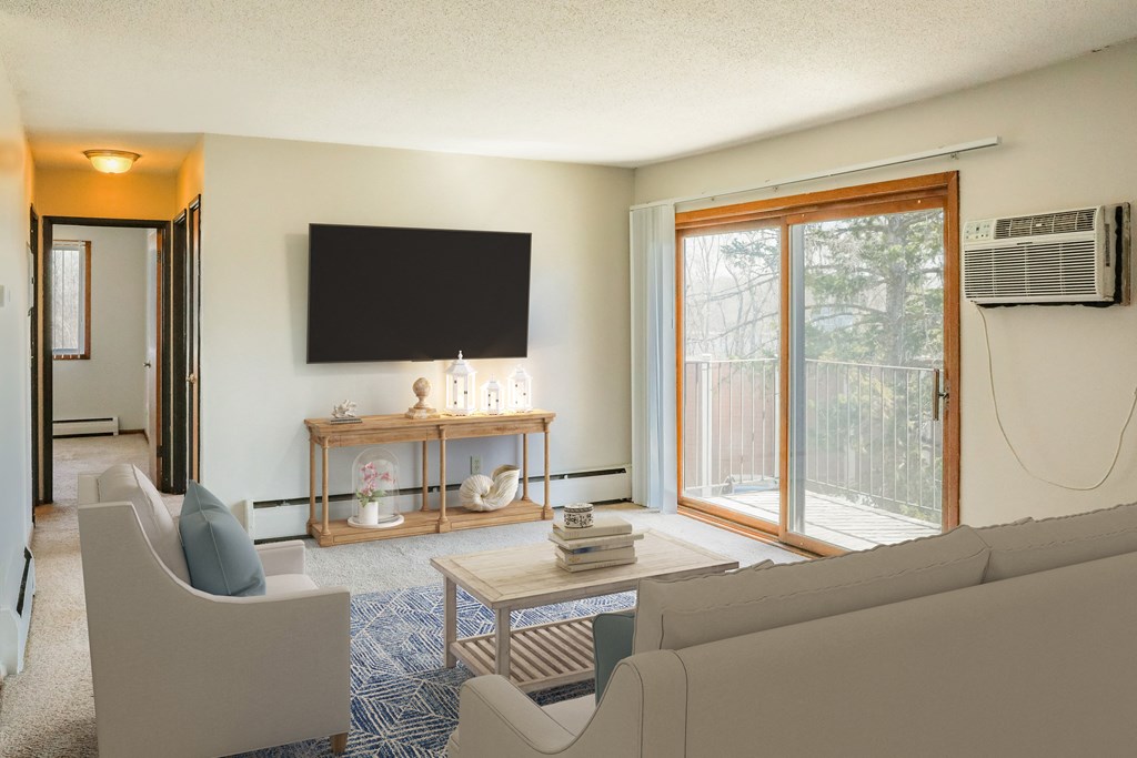 a living room with couches and a coffee table