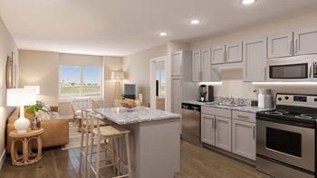 a kitchen with white cabinets and a marble counter top