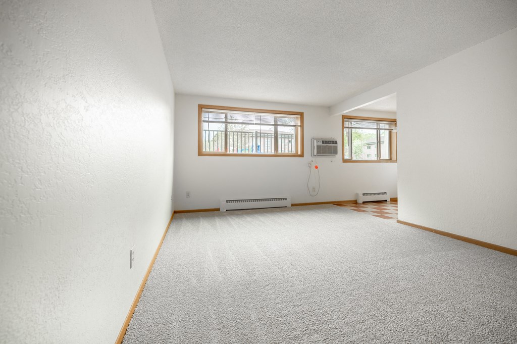 an empty room with a carpeted floor and two windows