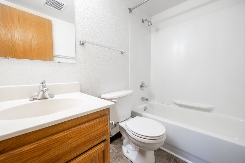 a bathroom with a sink toilet and a bath tub at Ames Lake Neighborhood Apartments, St. Paul
