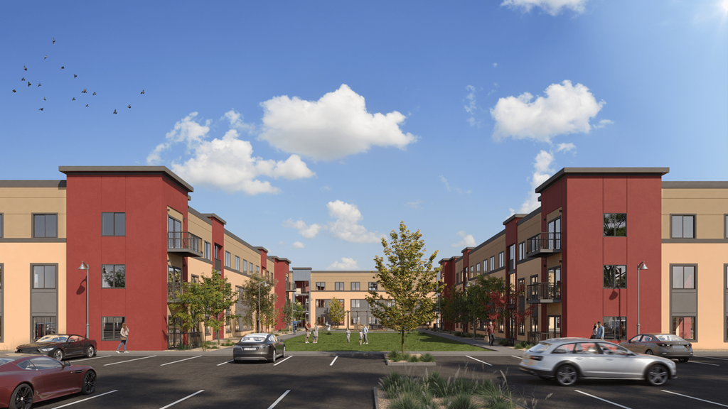 a rendering of an apartment complex in a parking lot with cars parked in front of it