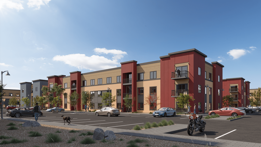 a rendering of an apartment complex in a parking lot